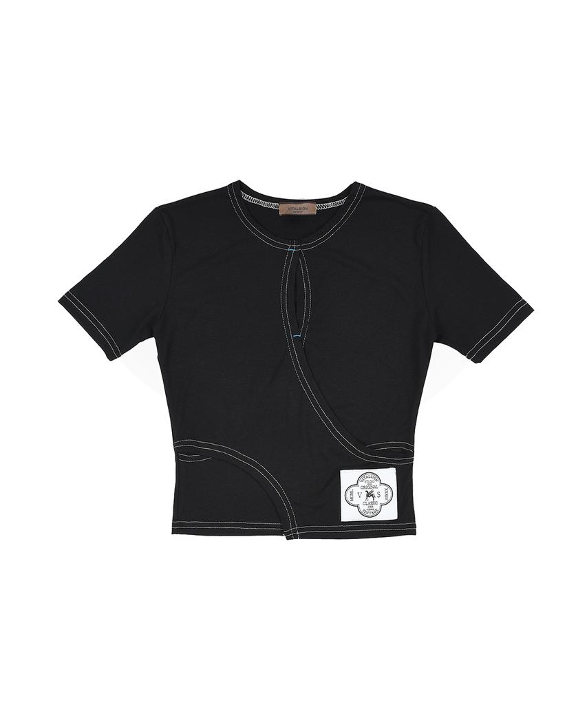 Baitalssain [Line] Slit Stitch Crop T-Shirt