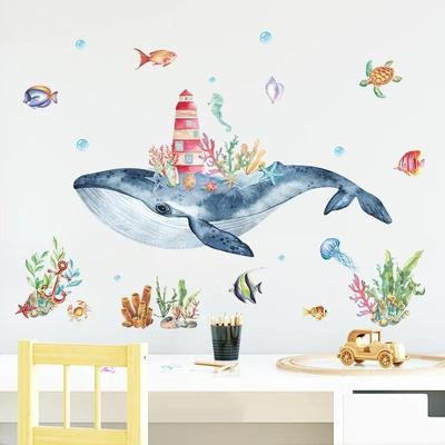 Adesivi Murali Balena Sottomarina per Decorazione Stanze Bambini Decalcomanie PVC Faro Cartone Animato Murales Artistici Decorazione Casa Un Pezzo