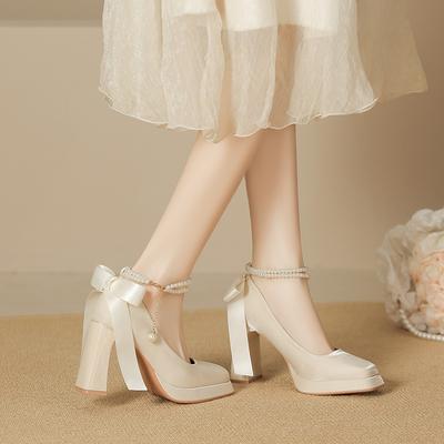 -2 Suede Pearl Mary Jane Shoes Women's Square Head Thick Heel High Heel Single Shoes Bow Waterproof Table Single Shoes Women