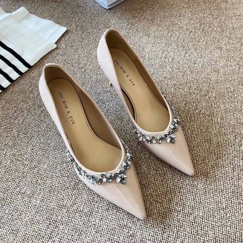 

G660-5 pointed head shallow mouth single shoes 2025 new spring rhinestone patent leather with skirt stiletto high heels 40 розовый