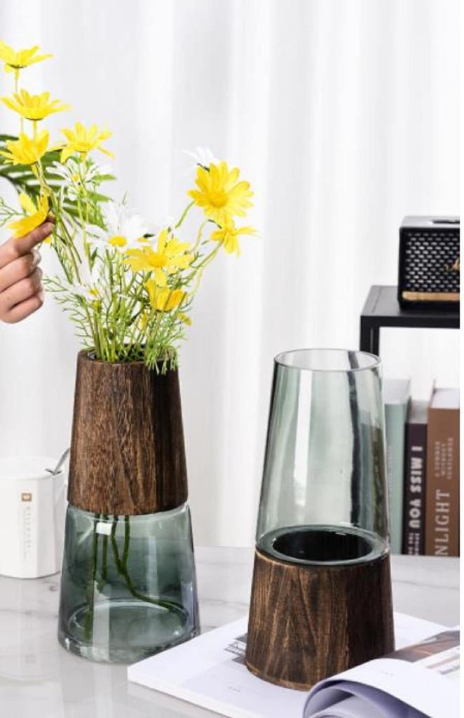 AIVAR Large Glass and Wooden Flower Vase, Nordic Transparent, Simple, Clear, Large, 28cm, Decorative, for Indoor Use (Green with Wooden Bottom)
