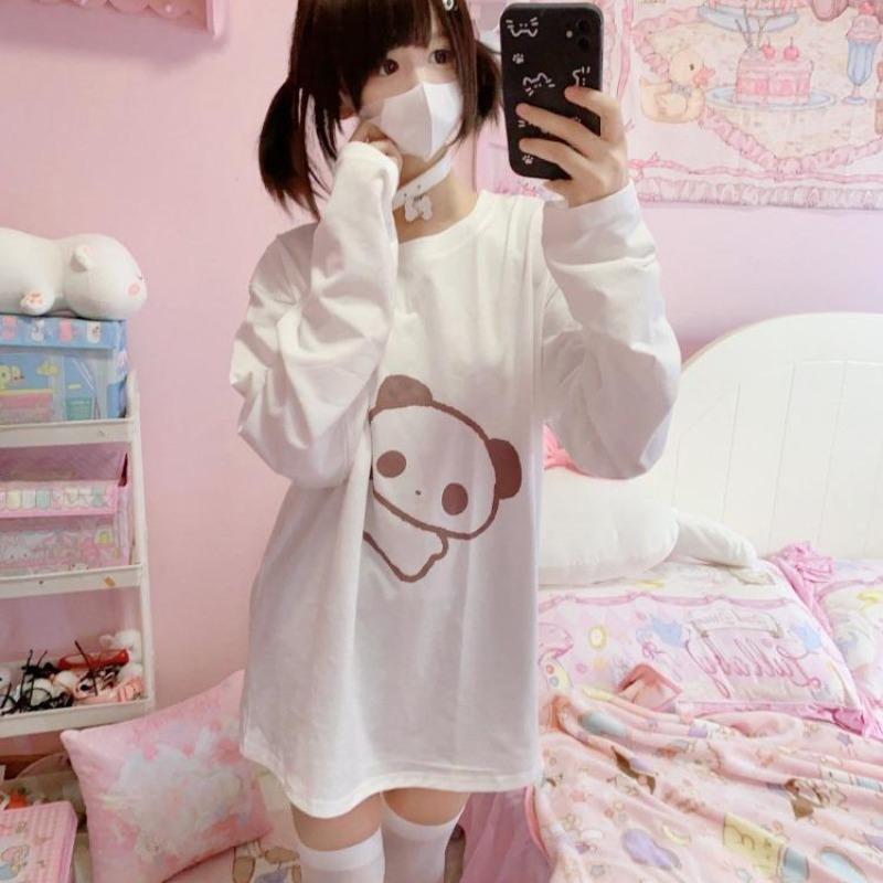 2KWEIRD Shirts for Women Japanese Tshirts Preppy Style Fashion White Tees O-neck Long Sleeve Cartoon T Shirt Casual Korean Y2k Tops