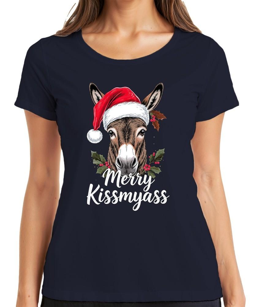 Merry Kissmyass Funny Donkey Christmas Donkey Santa Hat Ladies TShirt S