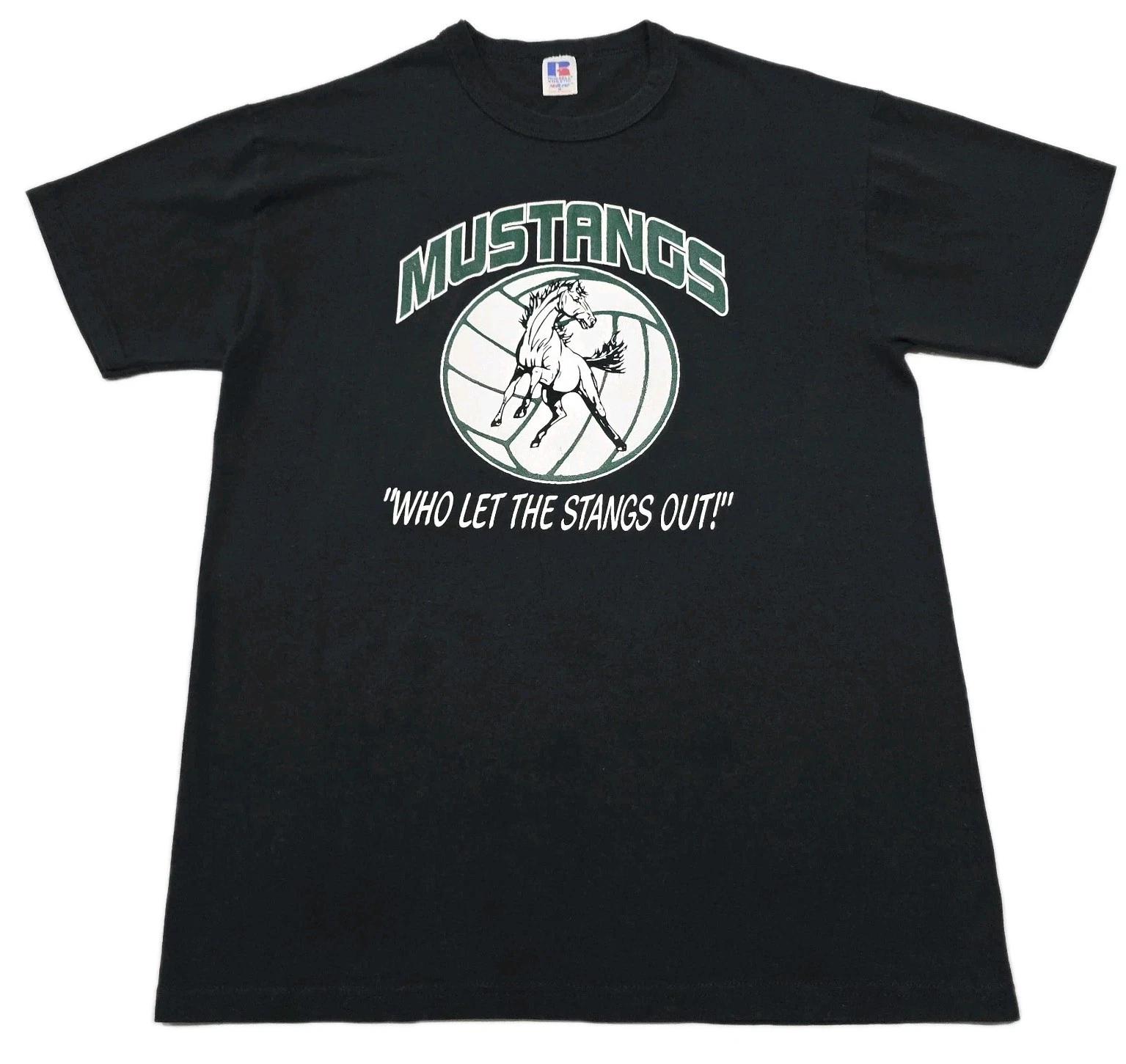 

Vintage Mustangs US High School Volleyball 100% Cotton T-shirt Mens Tees Top Mens Size M Black NCAA Stangs 2XL