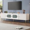 Elegant 170*35*50cm TV Cabinet – White Body with Golden Legs and Handles, 2 Doors with Vertical Grooves, 2 Doors with Arched Glass, 35KG Load Capacity