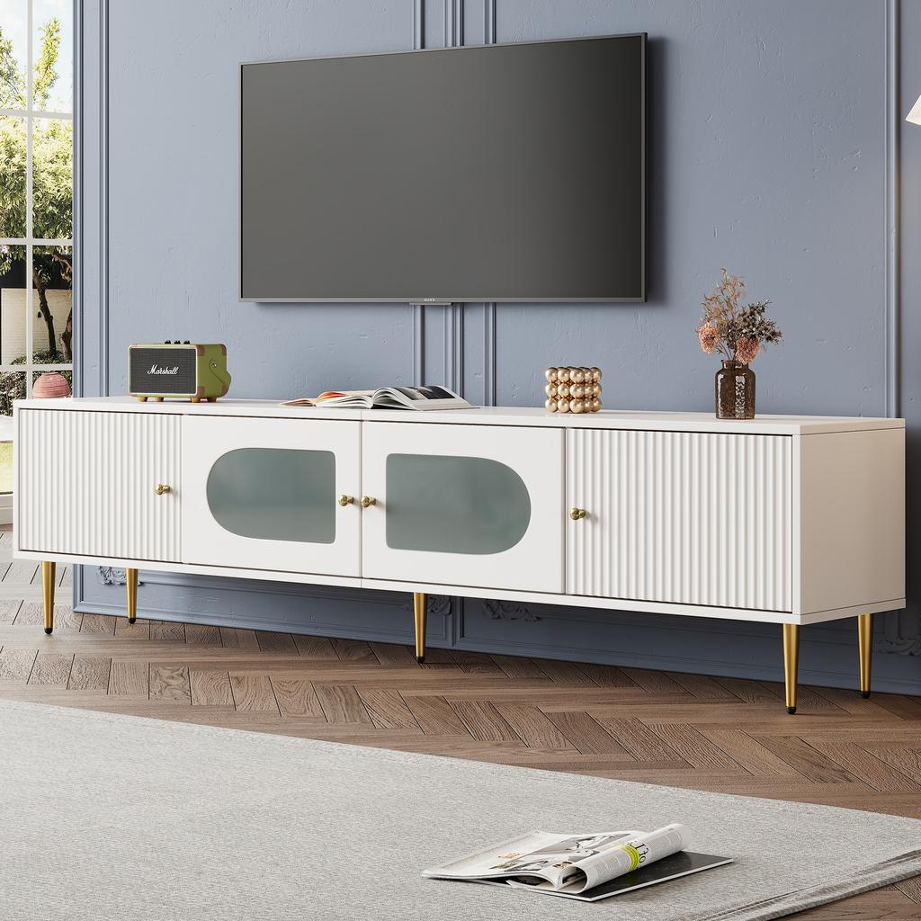 Elegant 170*35*50cm TV Cabinet – White Body with Golden Legs and Handles, 2 Doors with Vertical Grooves, 2 Doors with Arched Glass, 35KG Load Capacity