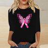 Women's Breast Casual Top with 3/4 Sleeves Round Neck Loose Fit Printed Ribbon Heart Butterfly Pattern for Daily Wear