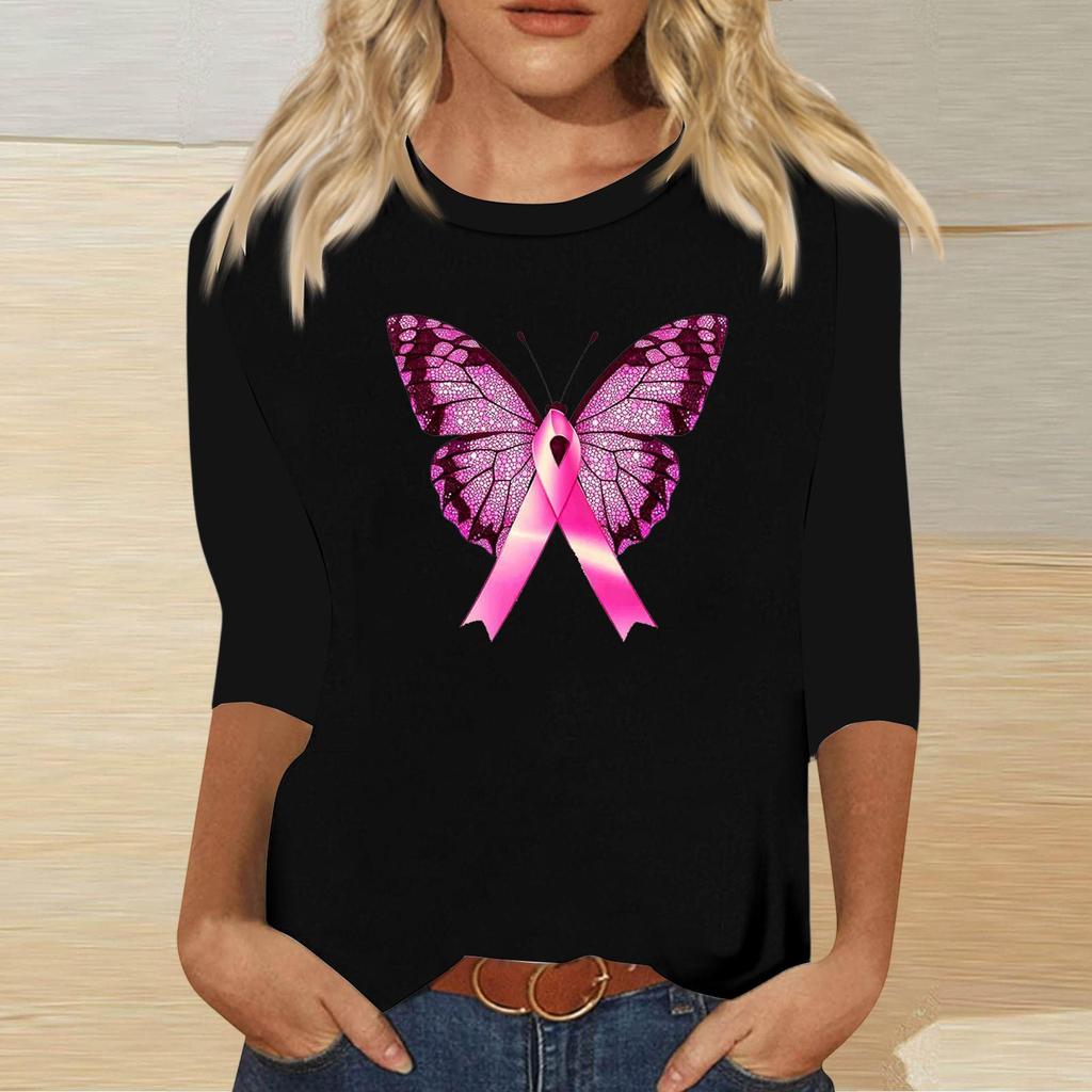 Women's Breast Casual Top with 3/4 Sleeves Round Neck Loose Fit Printed Ribbon Heart Butterfly Pattern for Daily Wear