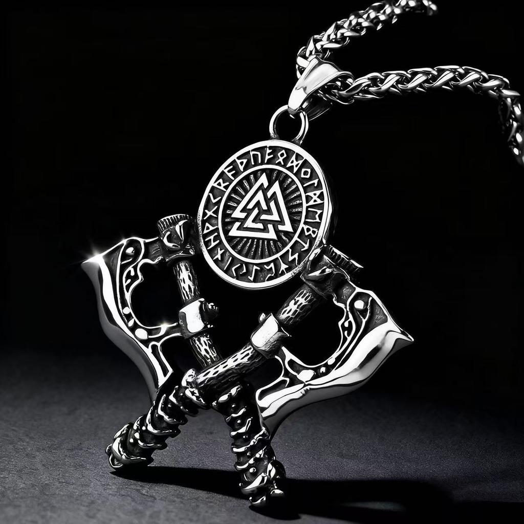 YQ 316L Stainless Steel Double Axe Viking Pendant Necklace For Men Jewelry Punk Accessories