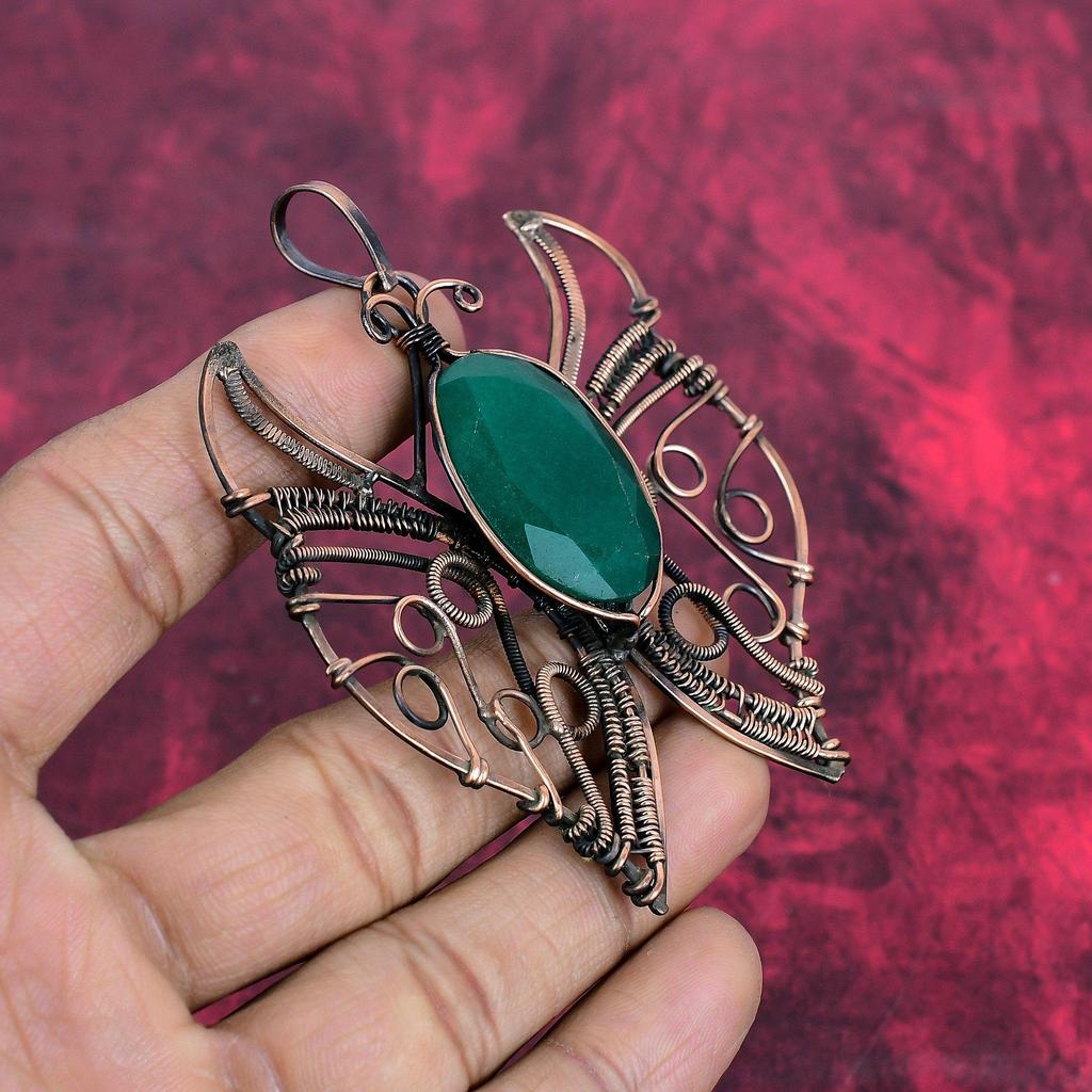 Faceted zambian emerald pendant copper wire wrapped pendant gemstone copper jewelry handmade butterfly pendant wire wrap jewelry for gifts