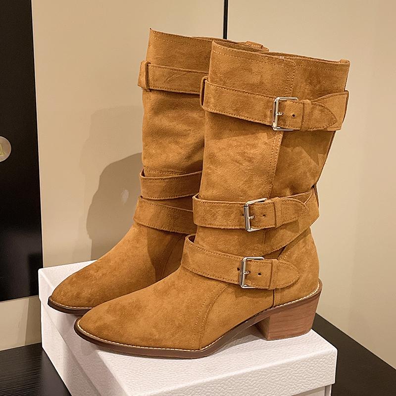 

New Style Women s Apricot Low Heel Suede Ankle Boots for Women Western Cowboy Boots Side Zip Short Boots Zapatos Mujer 42 коричневый