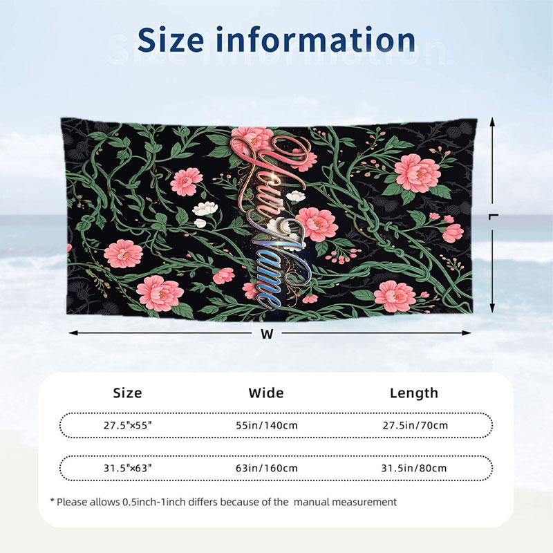 Floral 3 Theme Quick Dry Beach Towel Custom Name Text Print Large Sand Resistant Towel Beach Vacation