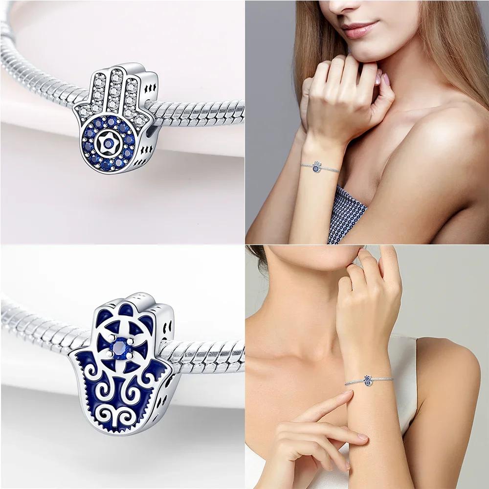 Original 925 Silver Blue Heart Demon Eye Pendant Fatima Hand Charm Bead Bracelet Women Jewelry Religion Gift