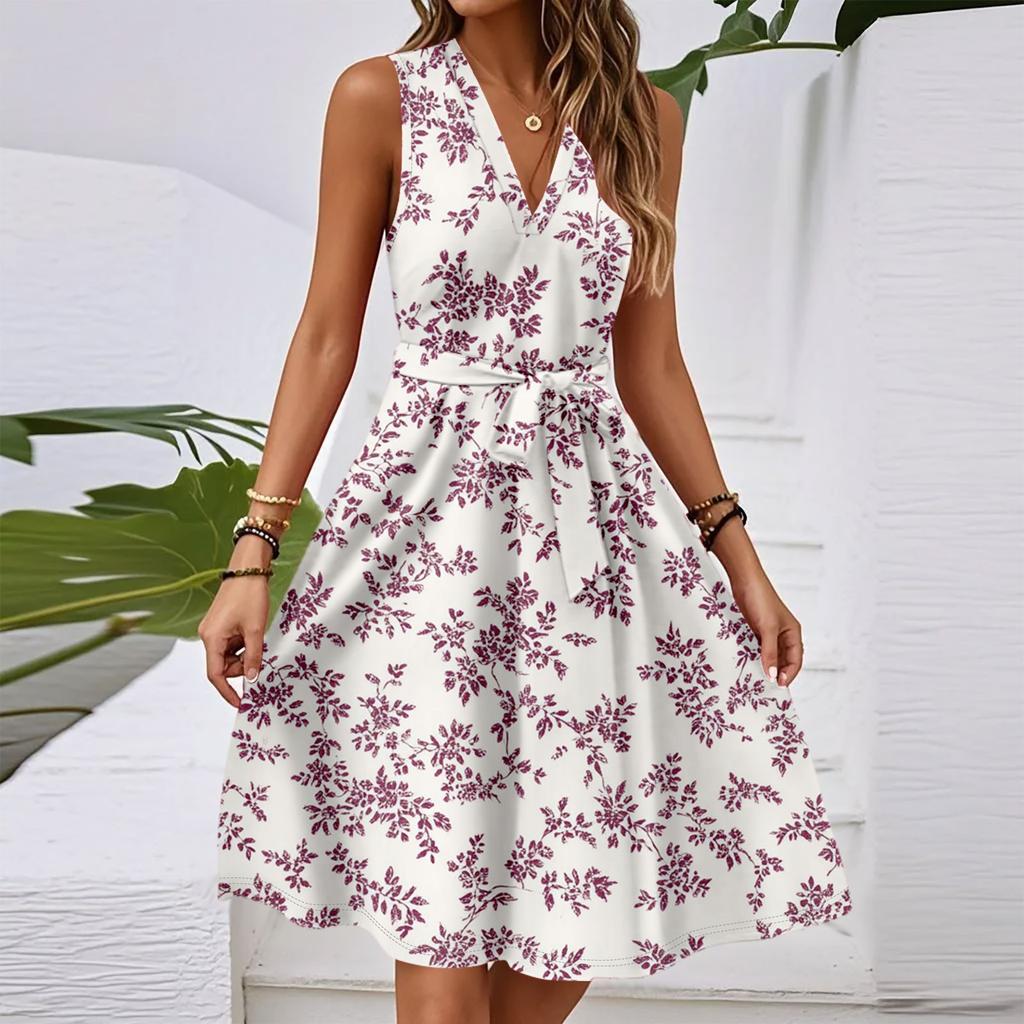 Vestido midi casual feminino primavera e verão, decote em V, sem mangas, cintura, estampa floral