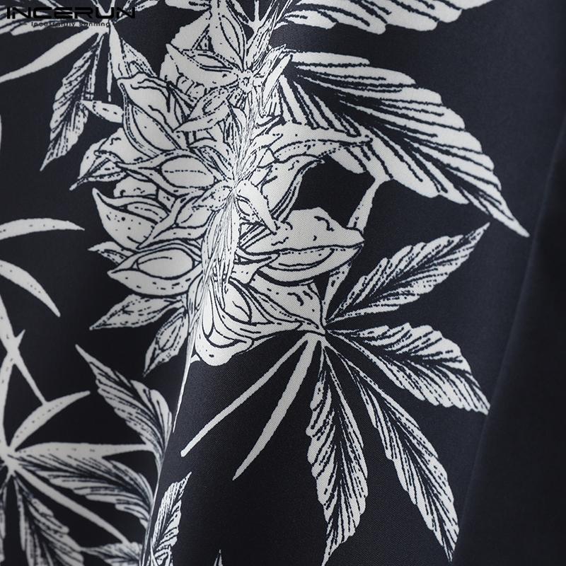 INCERUN Oversized Men Lapel Short Sleeve Floral Striped Casual Loose Shirts