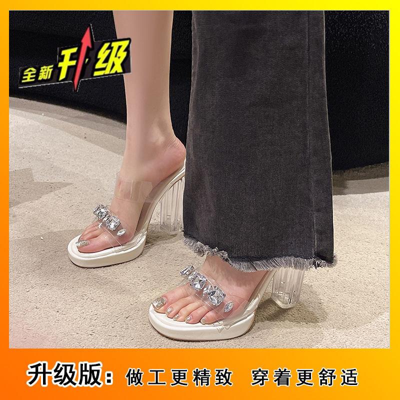 

Waterproof table crystal word with high heels slippers thick heel medium heel small size transparent sandals women s new summer 2025 42