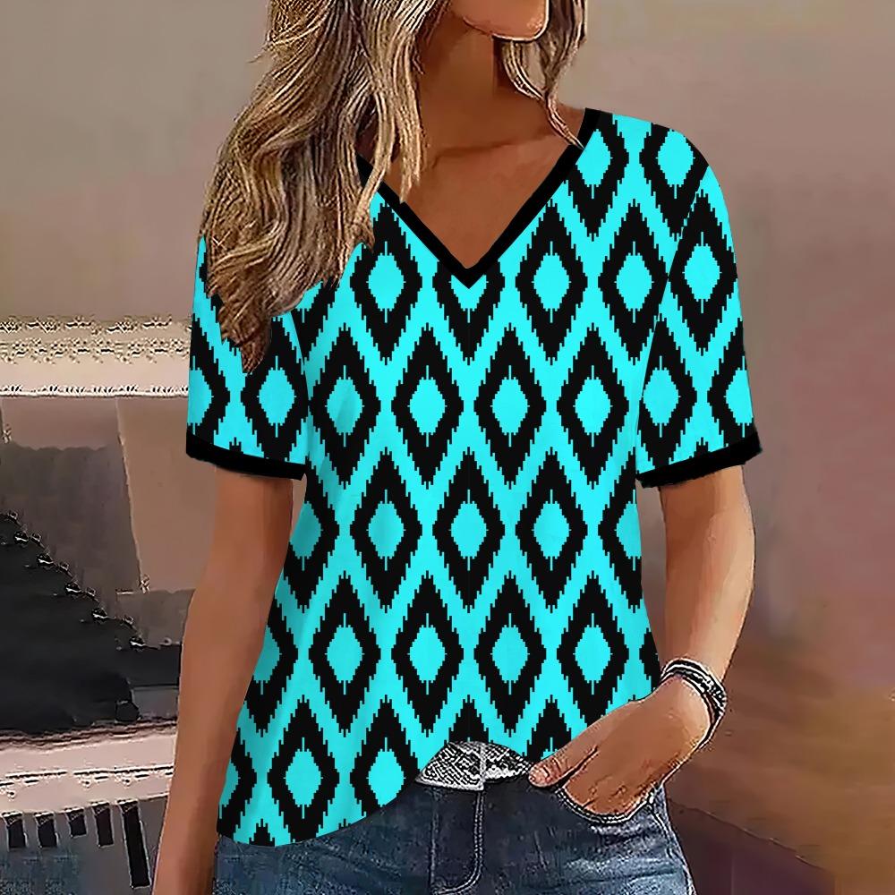 Fashion Women T-Shirt Stripes Print Gradient V-Neck Short Sleeve Basic Tops Streetwear Summer Oversized Clothing Female T-Shirts