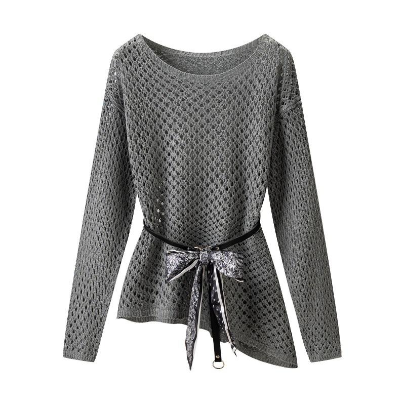 Spring Summer Women's Hollow-Out Knit Sweater Slim-Fit Long-Sleeve Knit Pullover Top with Belt