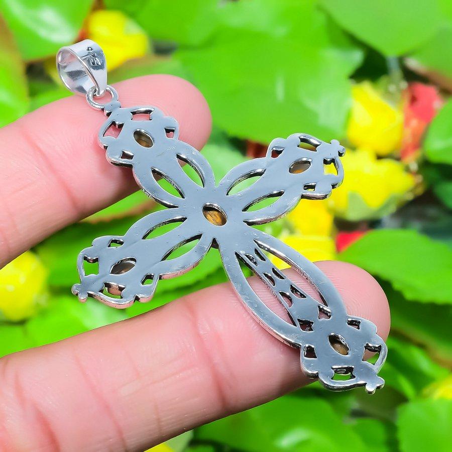 Cross- Tiger Eye Gemstone Handmade 925 Sterling Silver Gift Pendant 2.68" h9k95