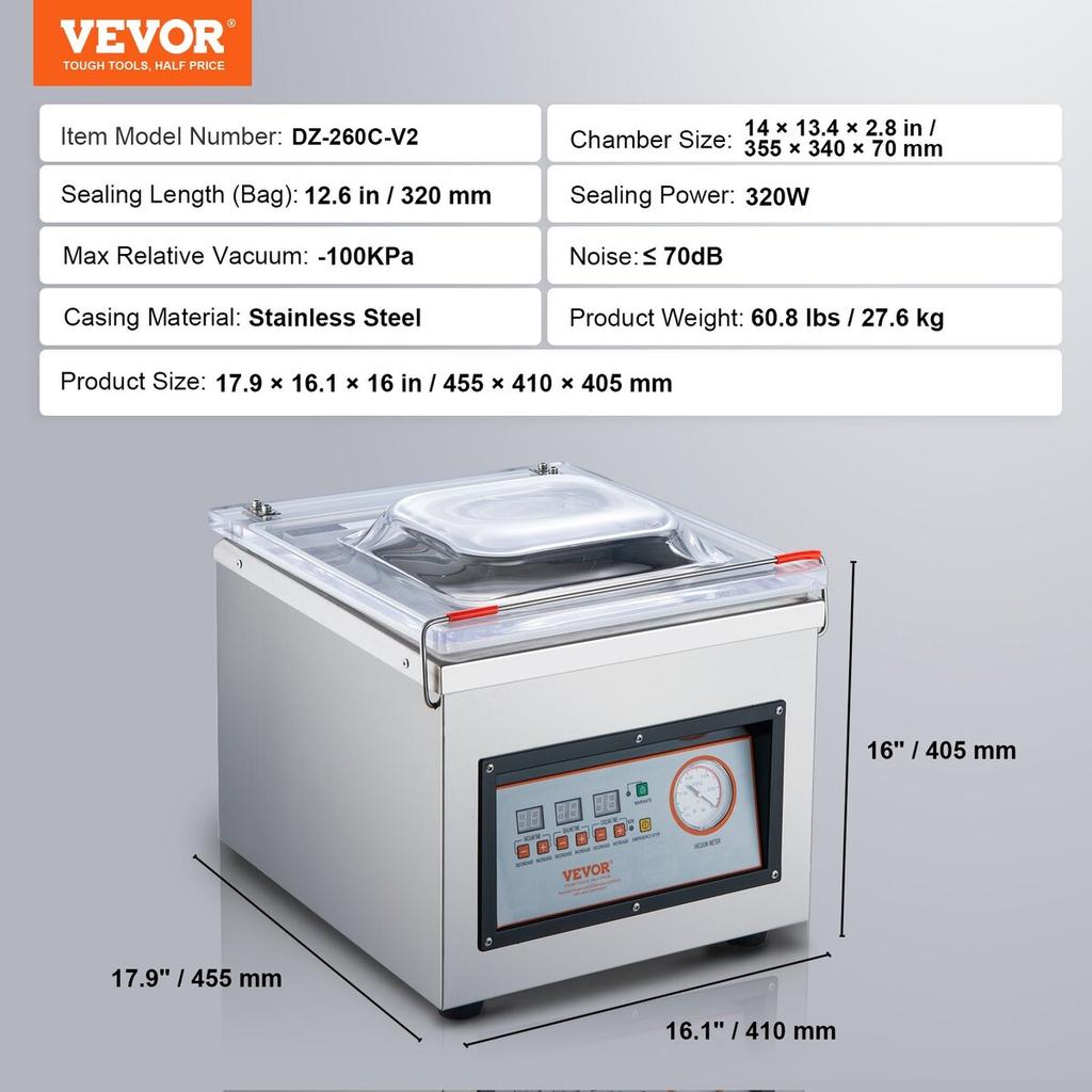 Kammer-Vakuumierer, 320 W Siegelkraft, Vakuumverpackungsmaschine für feuchte Lebensmittel, Fleisch, Marinaden und mehr, Kompakte Größe mit 32 cm Siegelbreite,