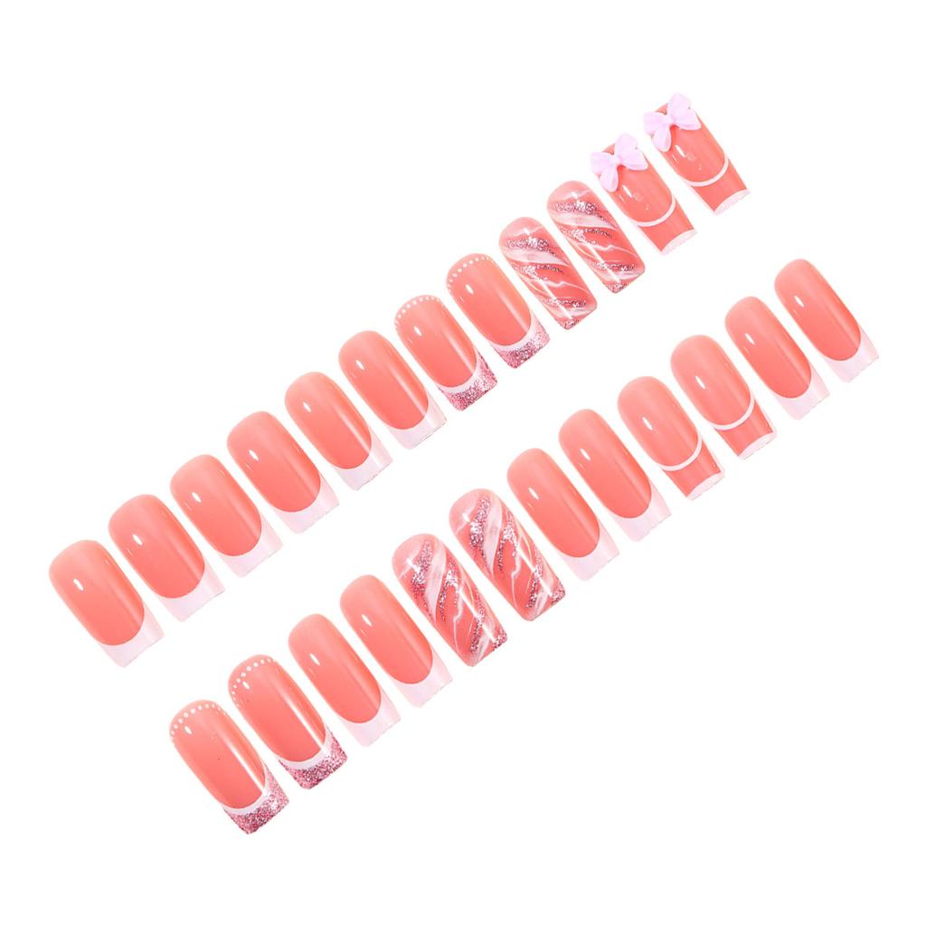 24Pcs Pink Loose Powder French Edge Bow Decoration False Nails