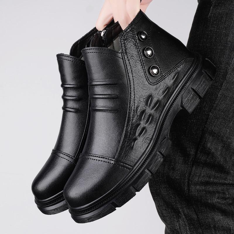 Men's High-top Sock Martin Boots: Outdoor Workwear Shoes, Autumn/Winter Cowhide Leather with Velvet Lining, Casual Cotton Design.