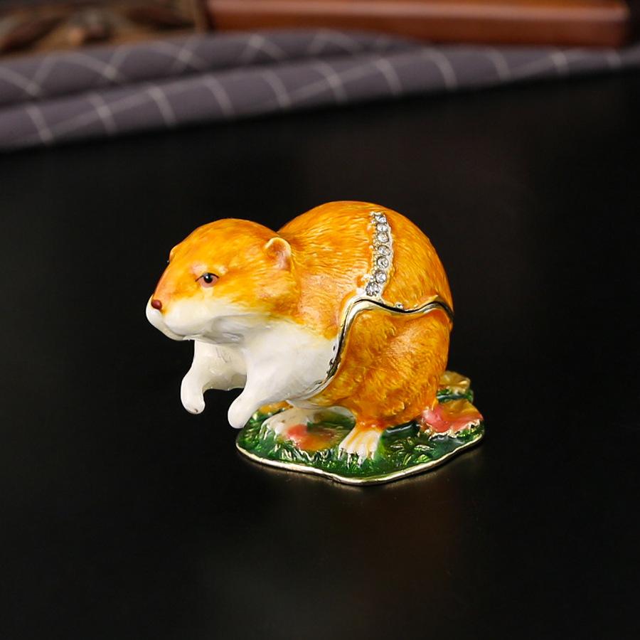 

New Enamel Crafts Hamster Jewelry Box Color Glaze Diamond Magnetic Flip Dust-proof Jewelry Storage Alloy Ornament 6.3*4.5*4.5