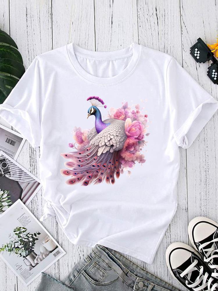 (Asian Size) O-neck Short Sleeve T-shirts Fashion Female Casual Clothing love heart flower Women's Top T shirt Printed Graphic Tee