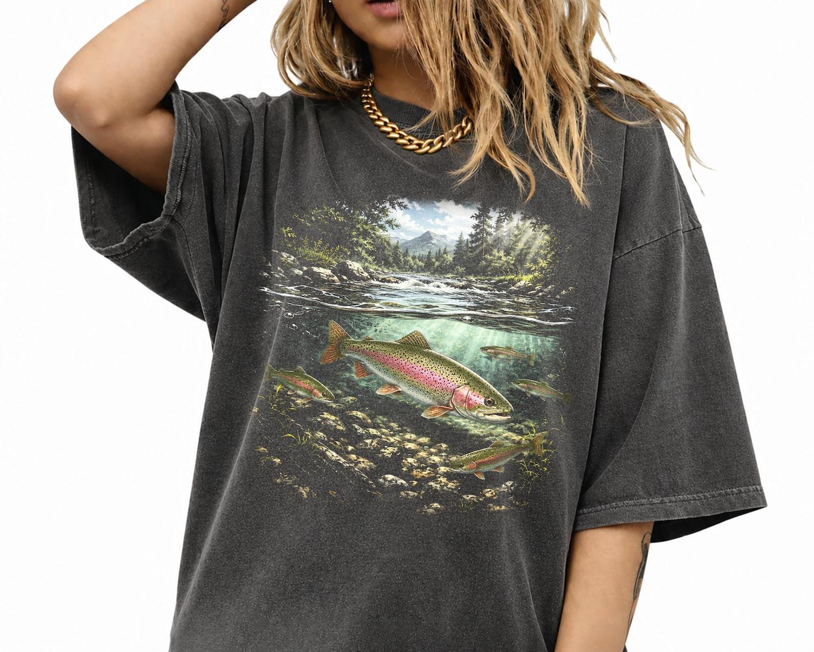 Vintage Rainbow Trout River Wildlife T-Shirt, Retro Fishing Nature Tee, Streetwear T-Shirt L