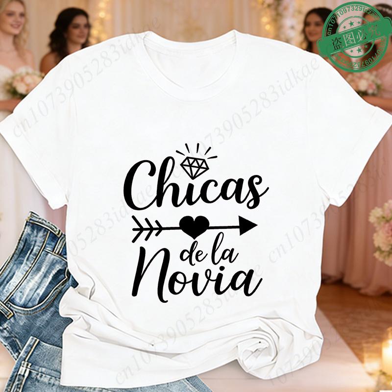 Tribu De La Novia Spanish Single Farewell Bachelorette Party T-shirts Short Sleeve O Neck Tops with Diamond Heart Arrow Graphic