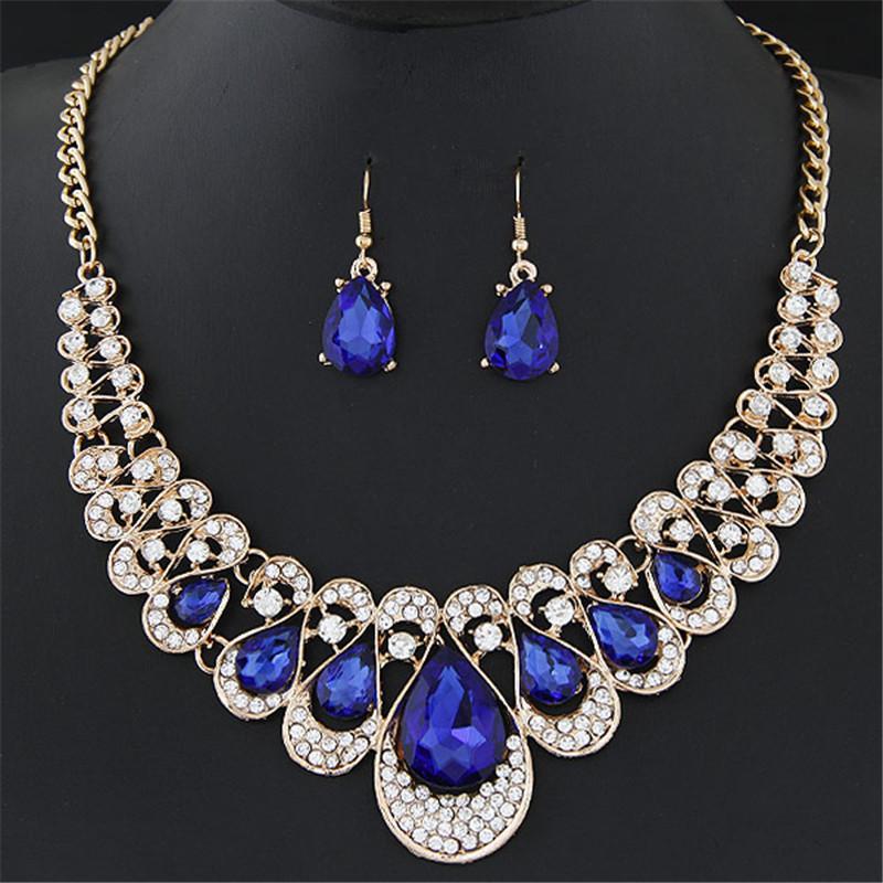 

European American Style Drip Drop Necklace and Earring Set Simple Blue Geometric Gemstone Crystal Rhinestone Jewelry Set n3535