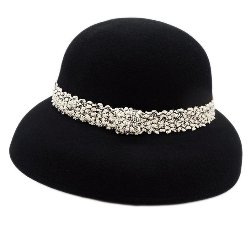 Hepburn Elegant French Retro Black Bell-Shaped Basin Hat Women'S Autumn And Winter Xiaoxiang British Woolen Top Hat Felt Fisherman