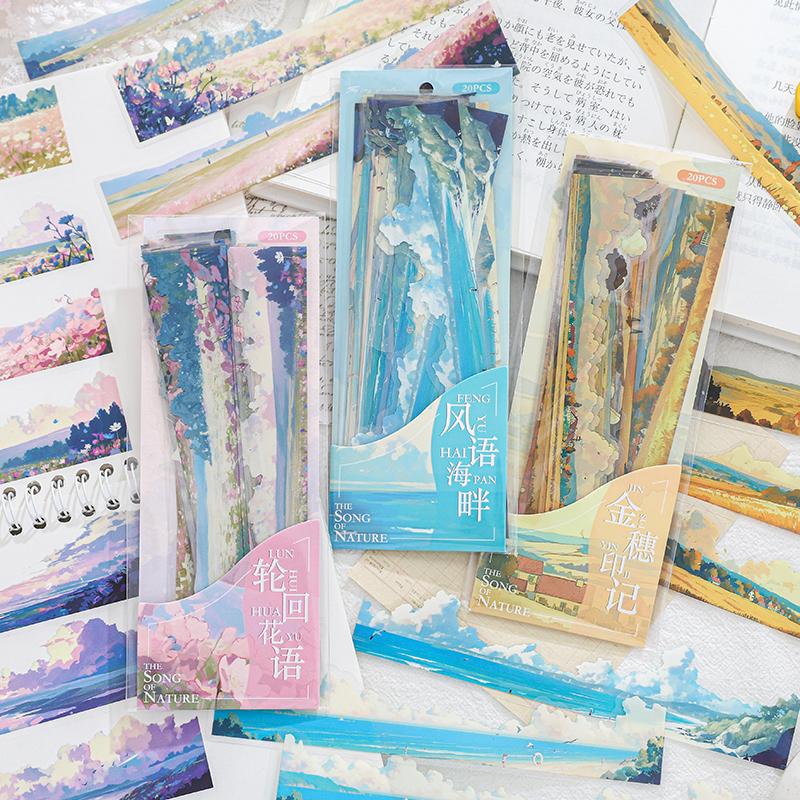 20pcs Natural Scenery Long Strip Sticker Pack INS Style Scrapbooking Materials Decor Junk Journal Aesthetics Label Sticker