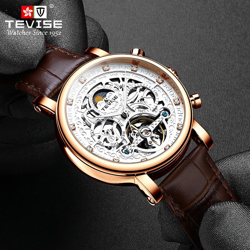 TEVISE New Men's Watch Diamond Day and Night Star Tourbillon Business Watch Leisure Calendar Mechanical Watch