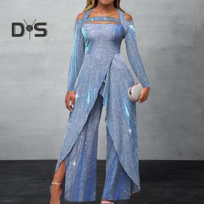 Women Jumpsuit Hollow Out Shiny Sequin Tight Mid Waist Halter Neck Wide Leg Long Sleeve Split Irregular Ankle Length Lady Party Prom Jumpsuit