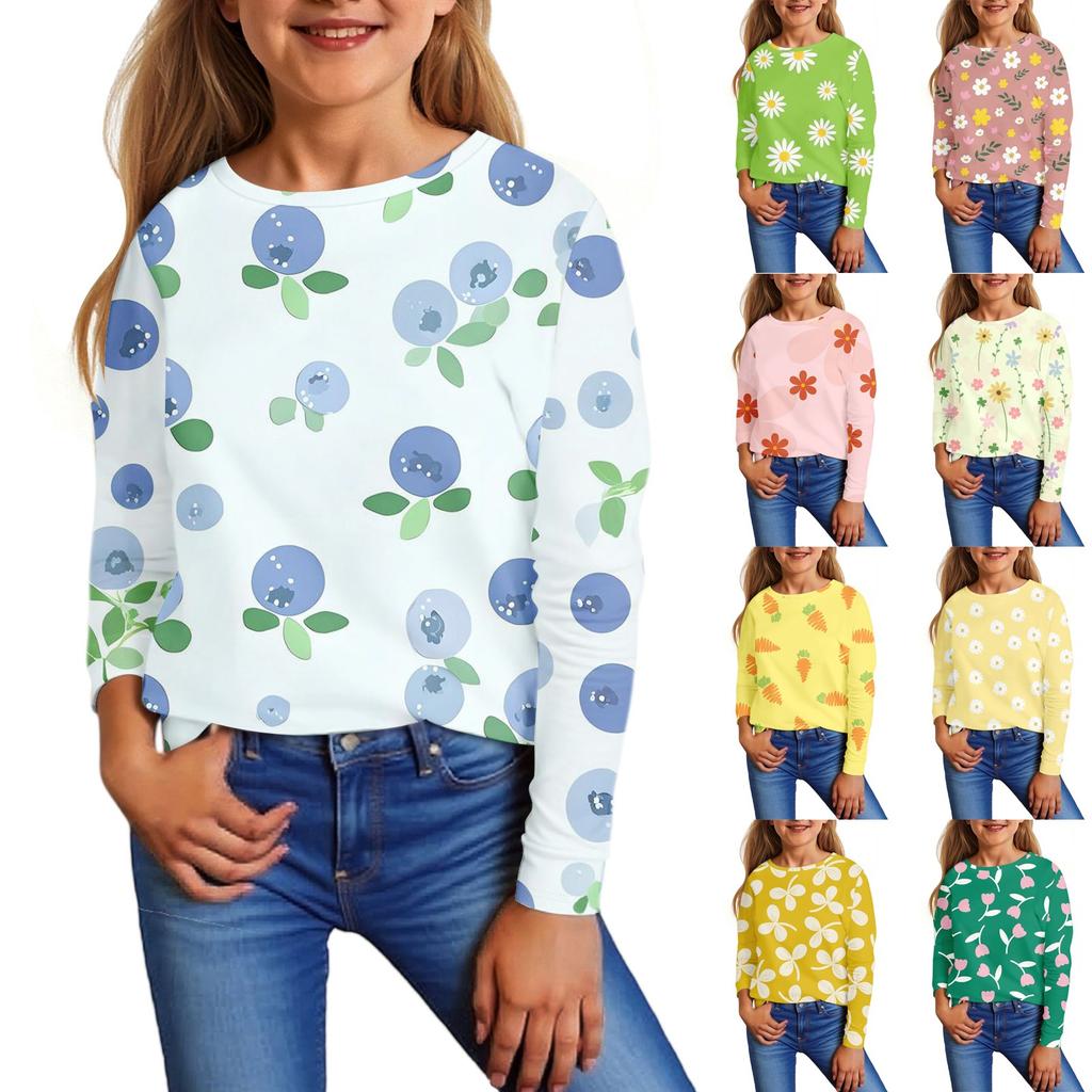 Children's Long Sleeve Tops Casual Print T Shirt Round Neck Pullover Blouse