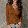 Women's Casual Long Sleeve Cross V-Neck Pleated T-Shirt for Fall