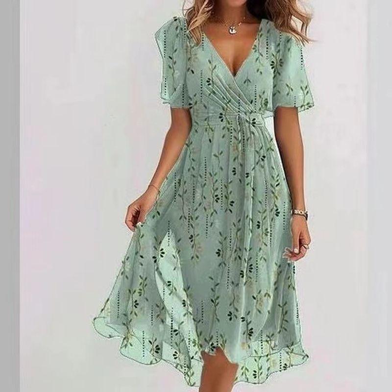 

Chiffon Print Lady Sexy Elegance Young V Neck Dress Light green bamboo S