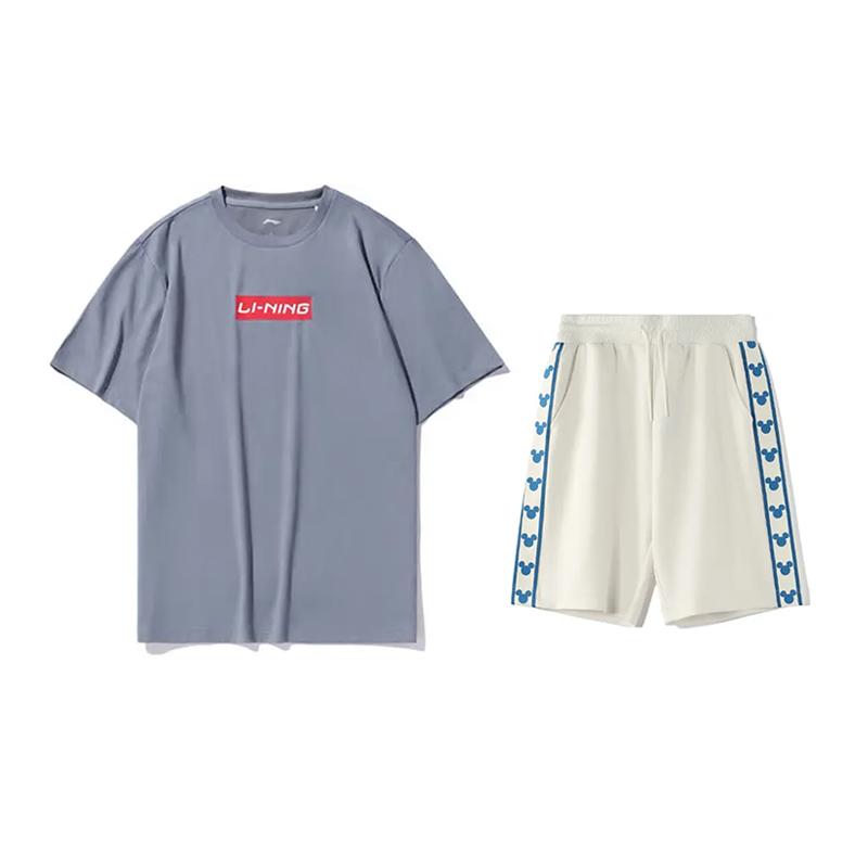 Li Ning Logo Printed Round Neck Short Sleeve T-Shirt Comfortable Loose Versatile Shorts Casual Sports Suit Unisex Suit AHST461-3+YKSV129-1