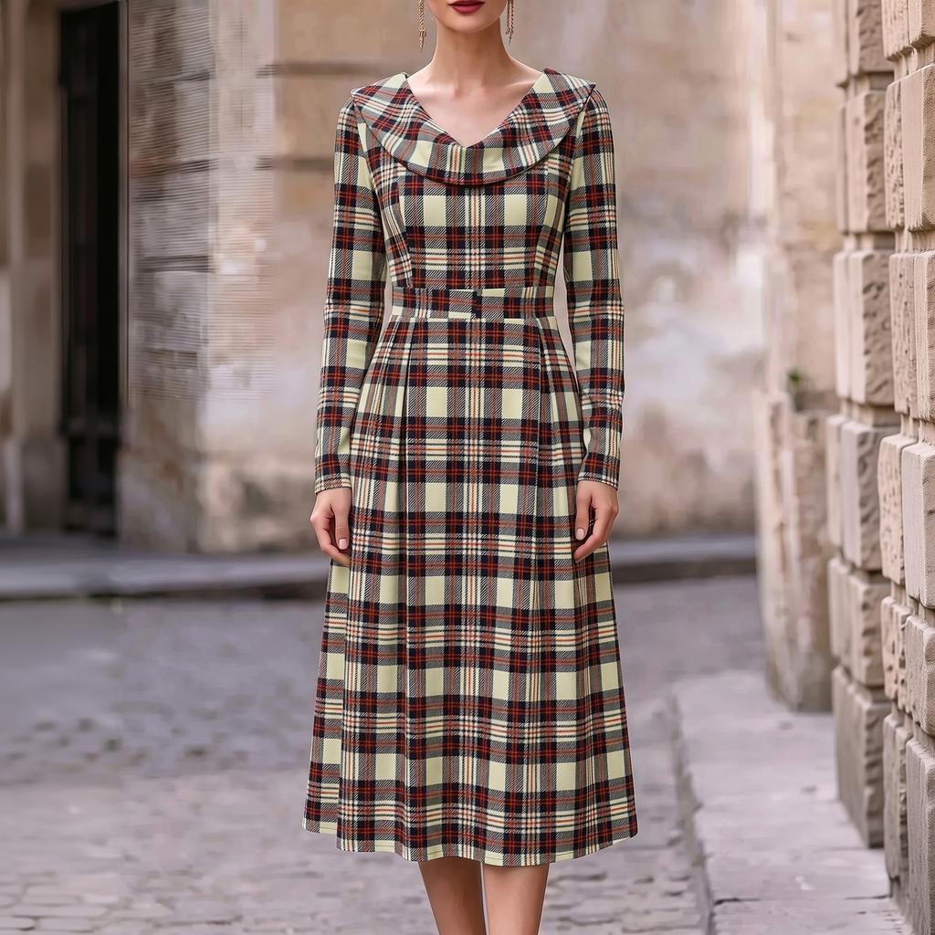 Women's Plaid Long Sleeve Round Neck Midi Dress with Back Zipper for Casual Daily Wear