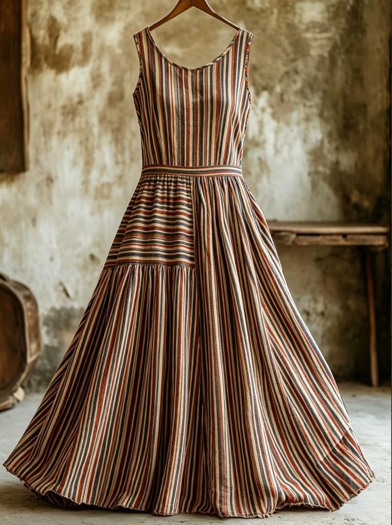 Retro Floral Embroidery Sleeveless Layered Cotton and Linen Dress Women's Mori Long Dress