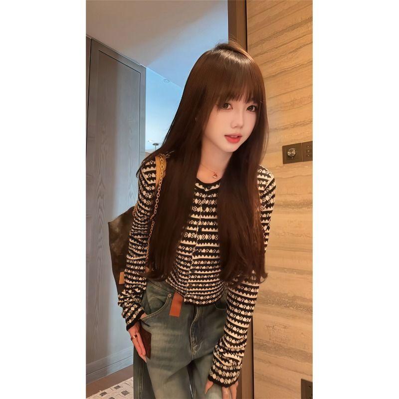 Kumikumi Graceful Retro Contrast Color Stripe Long sleeve Knit Women clothes Autumn Short Slimming Versatile Top