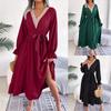 Women European Solid Color V Neck Lace Ruffle Long Sleeve High Waist Long Dress
