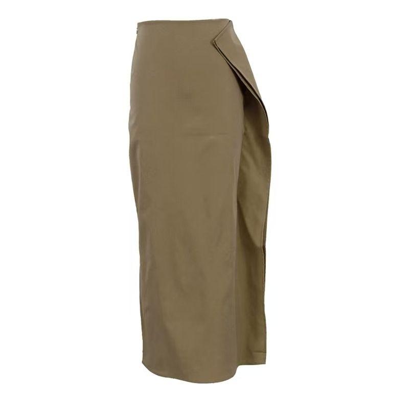 

Western Style Temperament Design High Waist Sheath Skirt Solid Color High Waisted Skirt Khaki M