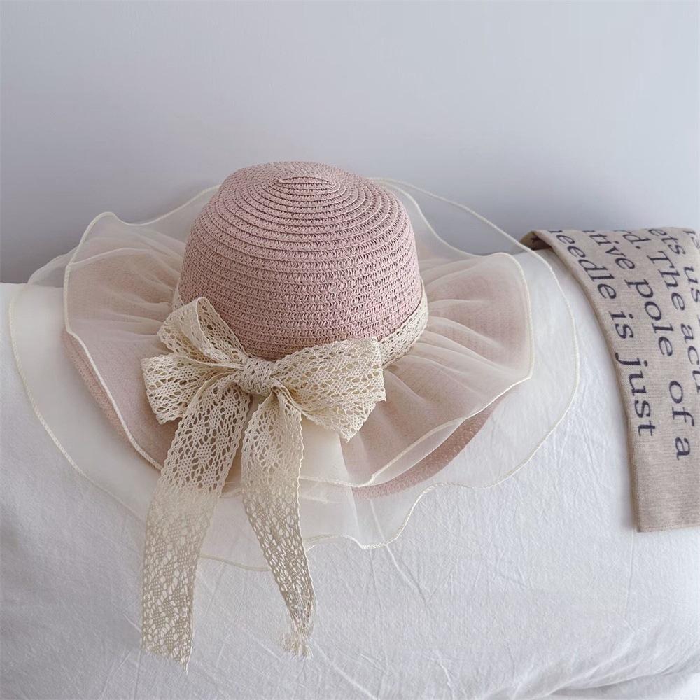 

Ins Girls Straw Hat Children s Hat Summer Sunblock Sunhat New Fisherman Hat with Large Brim рожевий