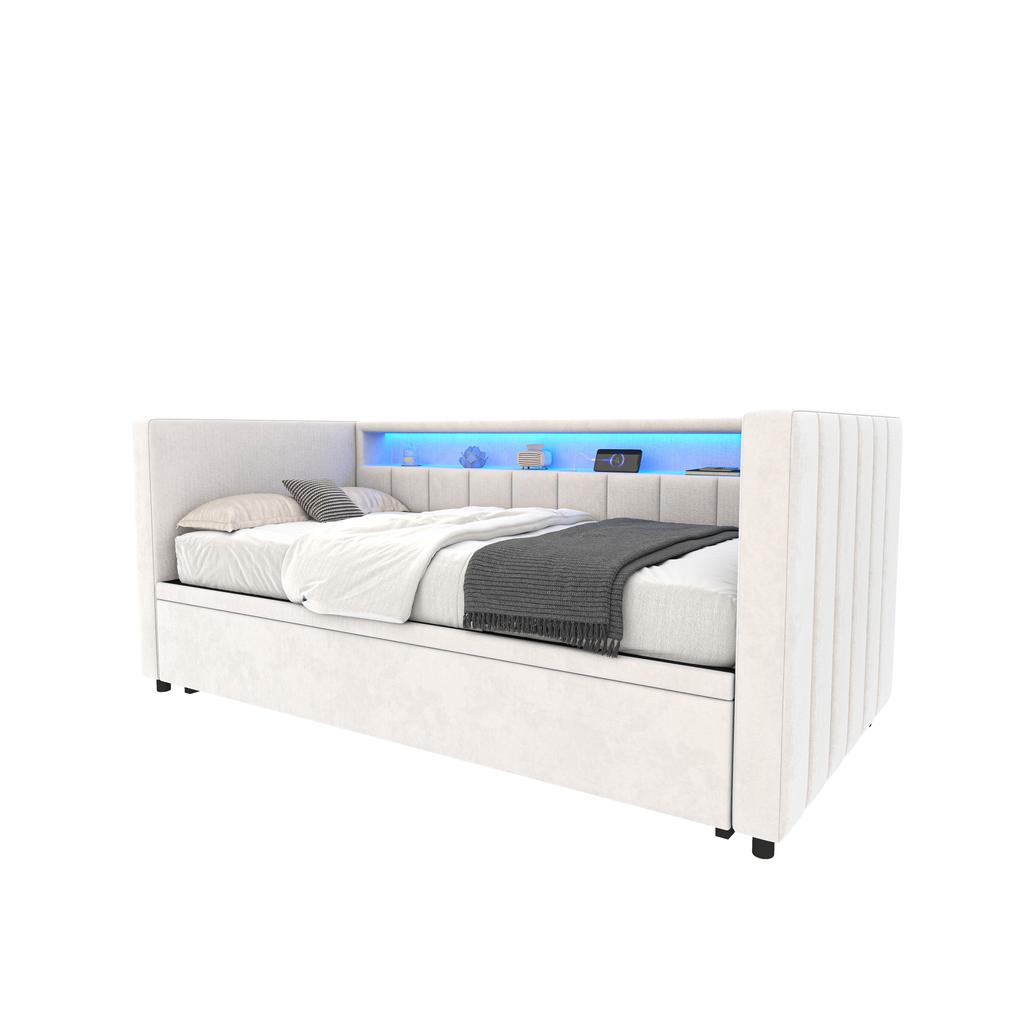 Multifunktionale Schlafcouch 90x190 cm mit Ausziehbett, USB-C-Anschluss, LED-Ambiente, Samtbezug – für Wohnzimmer, Gästezimmer oder Jugendzimmer. beige