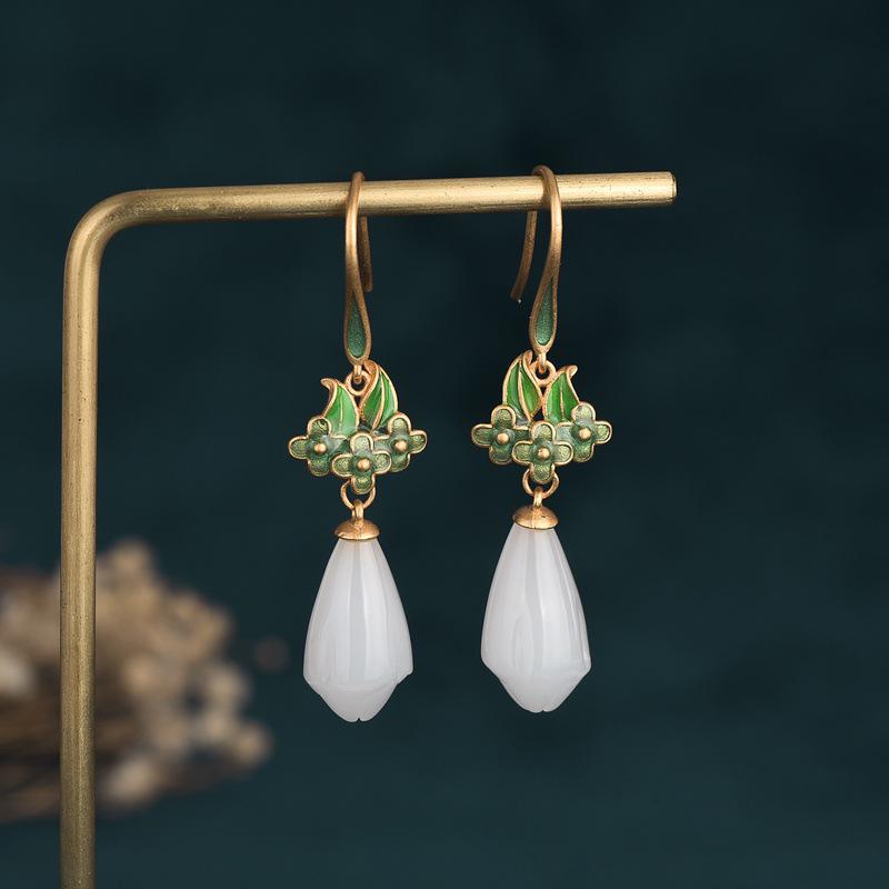 Chinese Magnolia Retro Jade-Style Enamel Earrings - Ideal Mother's Gift