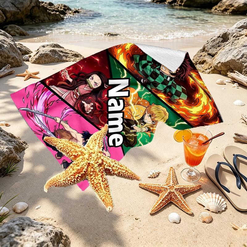 Custom Name Personalized Demon Slayer Print Beach Towel, for Trip Camping Beach Party Home Decor, Birthday Gift for Family & Friends