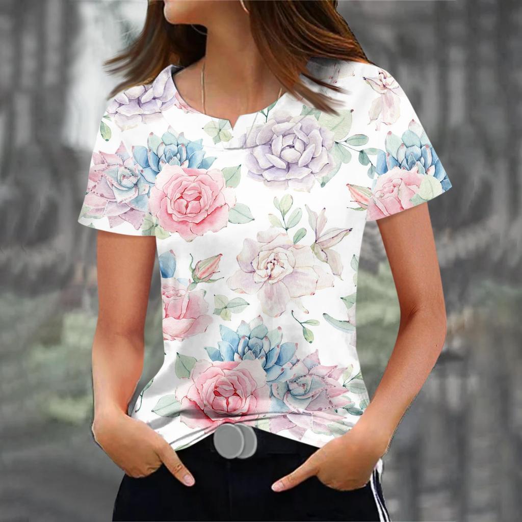Fashion T-shirts For Women Summer Woman Tops 3d Flower Printed V-neck Short Sleeve Tees Women‘s Oversize T-shirt