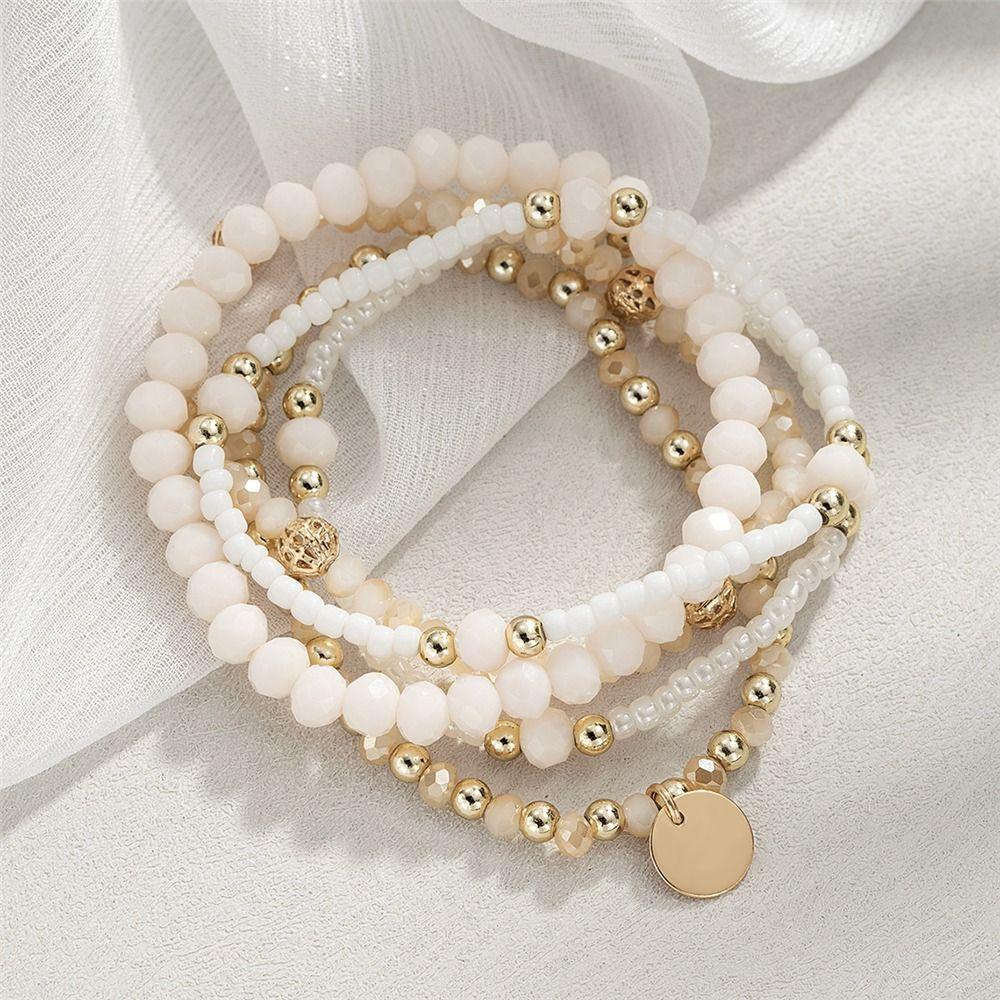 5Pcs Alloy Stretch Bracelets Resin Vacation Jewelry Gift Elegant Beaded Bracelet Set  for Women